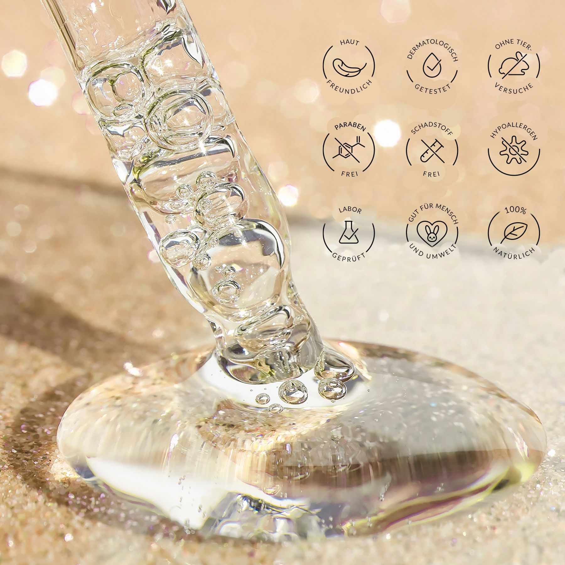 Pipette mit Serum. Text: Hautfreundlich, dermatologisch getestet, ohne Tierversuche, etc.