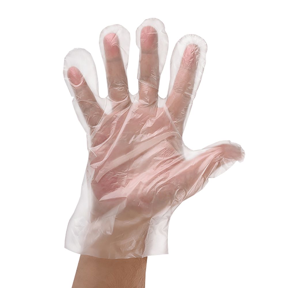 Transparenter Einmalhandschuh aus Polyethylen, unsteril. Der Handschuh wird von einer Hand getragen.