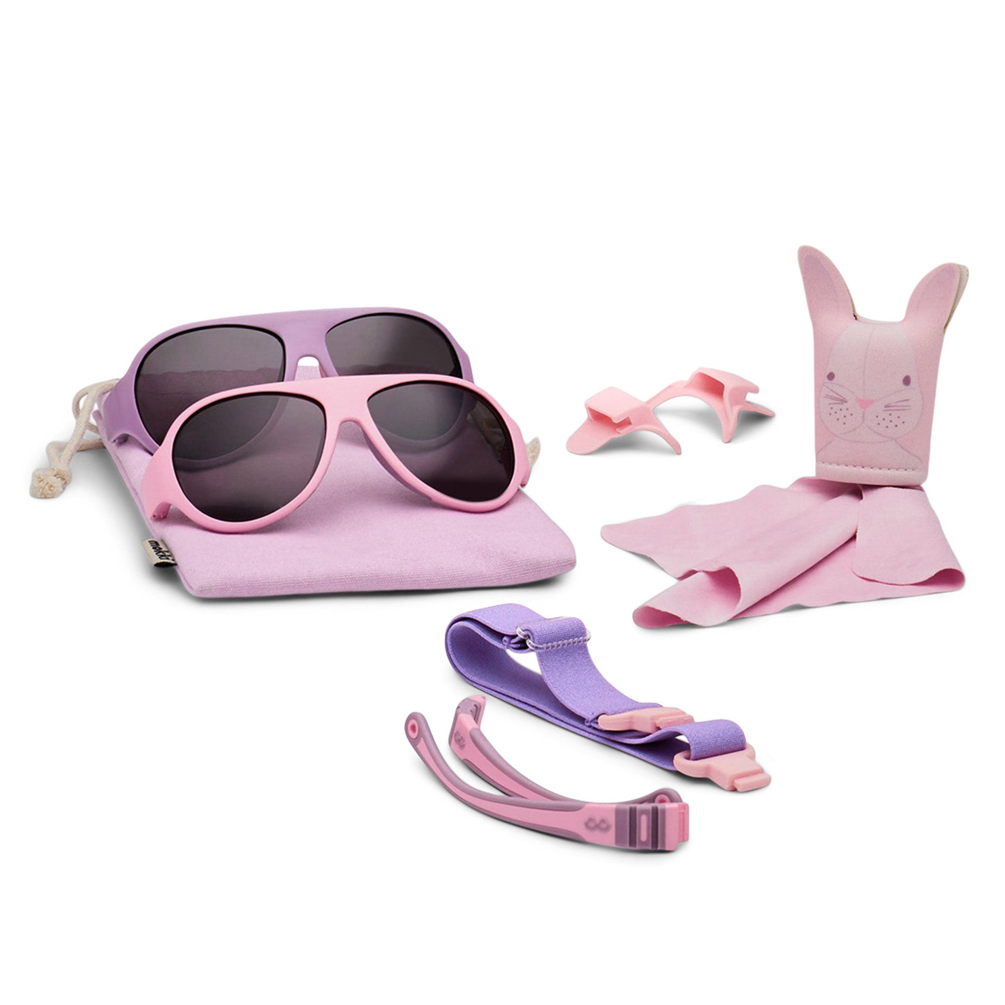 Rosa Sonnenbrille mit Zubehör: Brillenetui, Brillenputztuch, Brillenband, Ohrenbügel und Brillenhalterung.