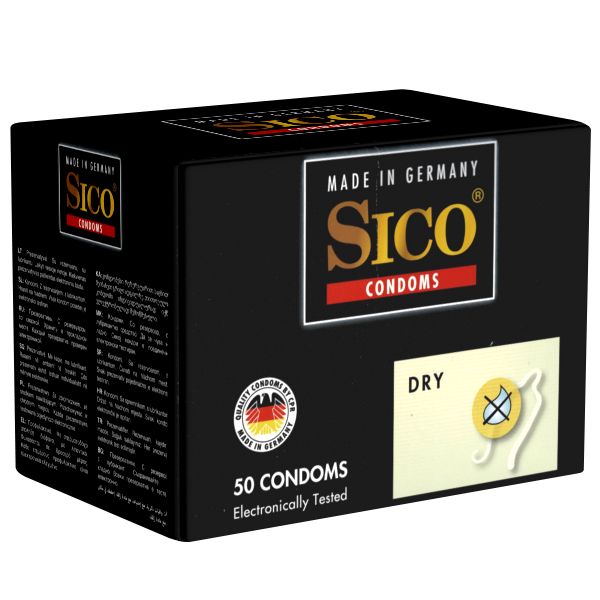 Schwarze Verpackung mit "Sico Condoms" Logo. Enthält 50 Kondome, elektronisch getestet. "Made in Germany".