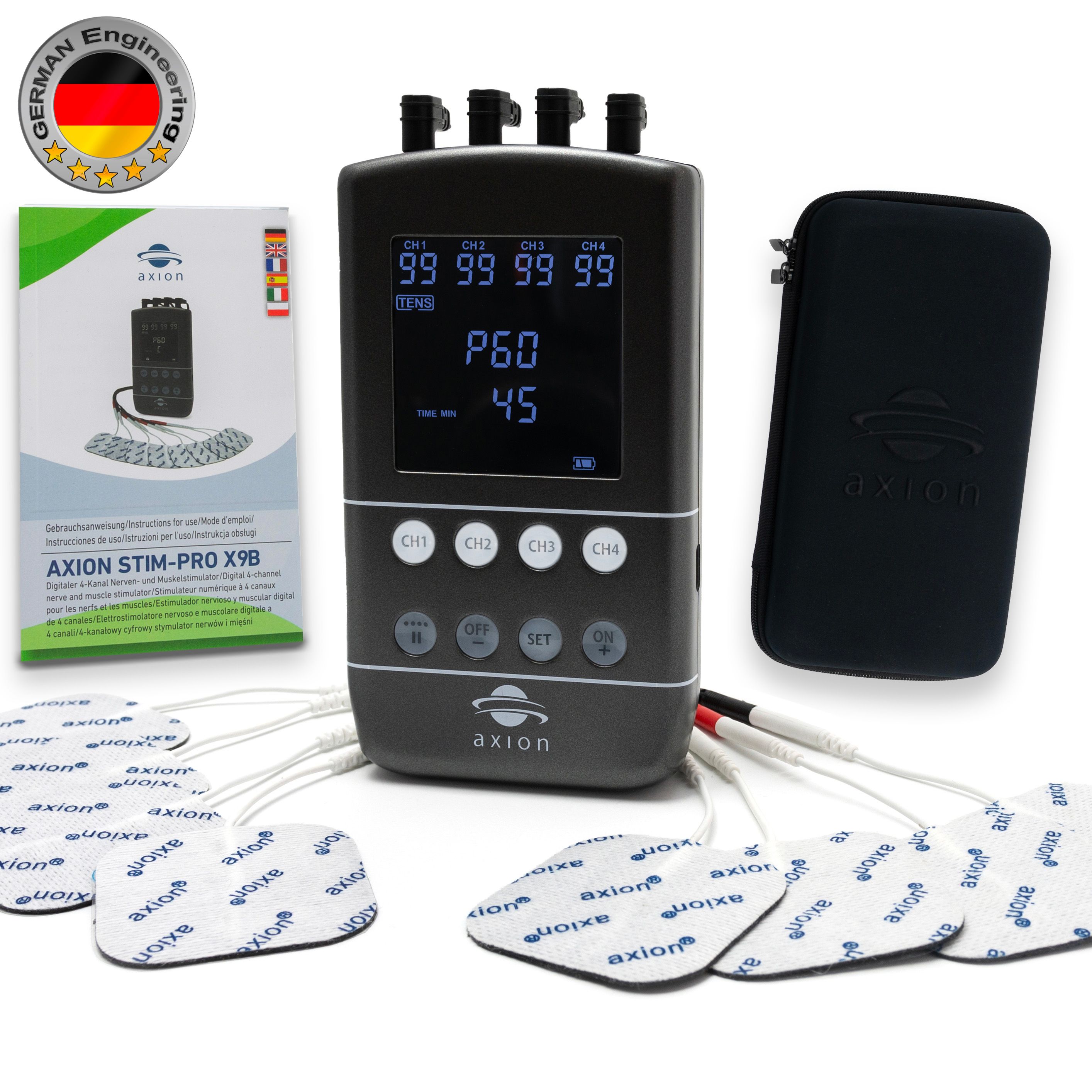 Gerät mit Display, Elektroden, Tasche und Verpackung. Logo und Text: axion, STIM-PRO X9B.