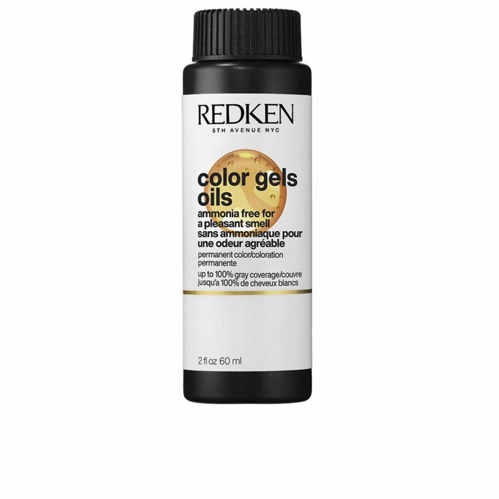 Flasche mit schwarzem Deckel. Aufschrift: REDKEN, color gels oils. Text: ammonia free, permanent colorcoloration. Volumen: 60 ml.