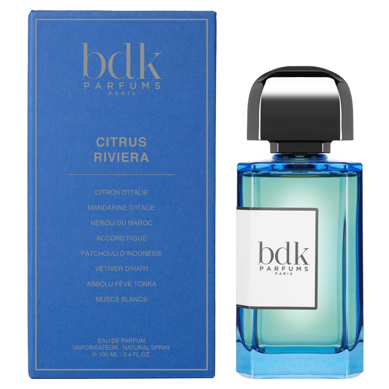 Blaues Rechteck mit Text und Flakon. Flakon mit silbernem Deckel, blauem Glas und weißem Etikett. Text: "bdk Parfums", "Citrus Riviera".