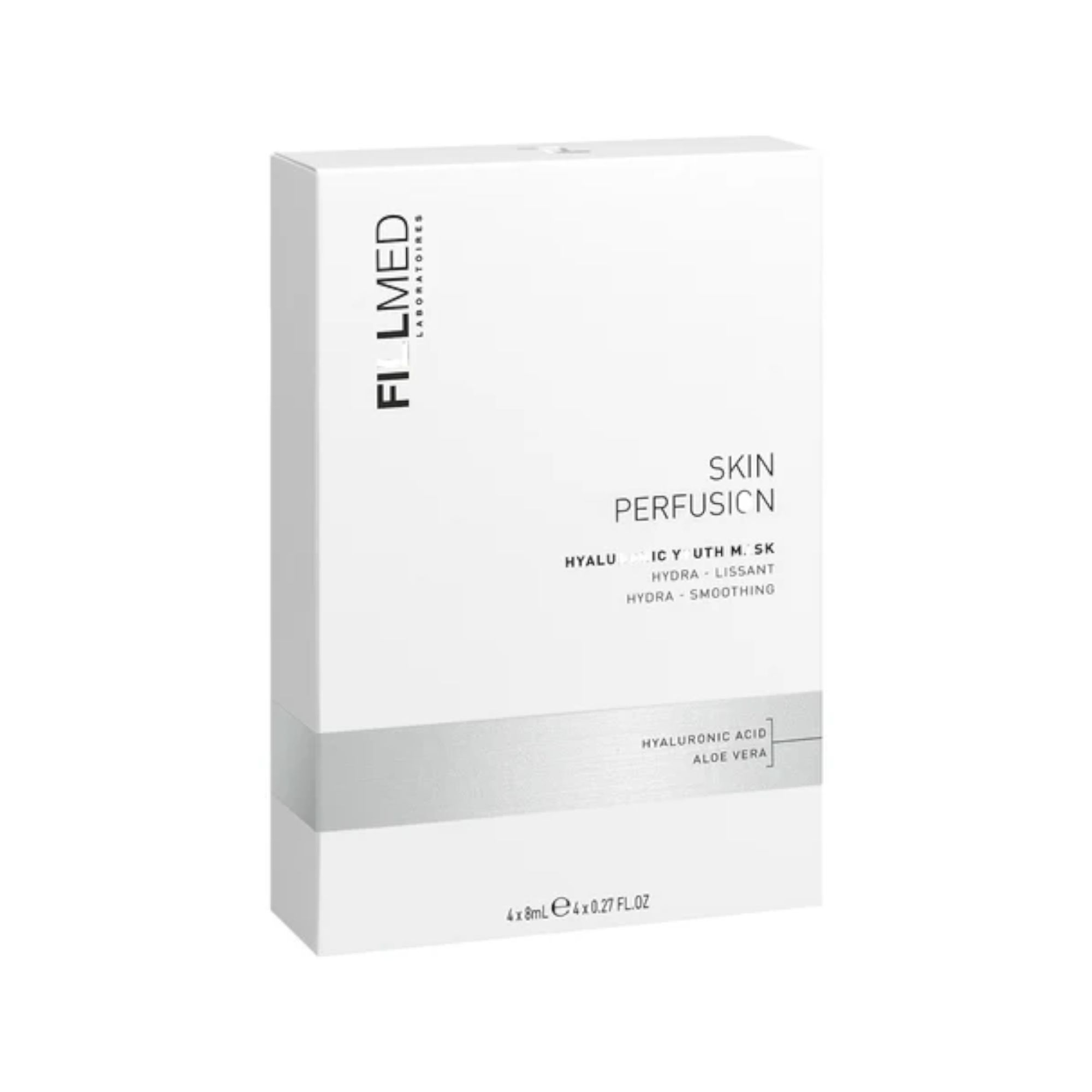 Weiße Verpackung mit Produktbezeichnung SKIN PERFUSION. Enthält Hyaluronsäure und Aloe Vera. Marke: FILMED.