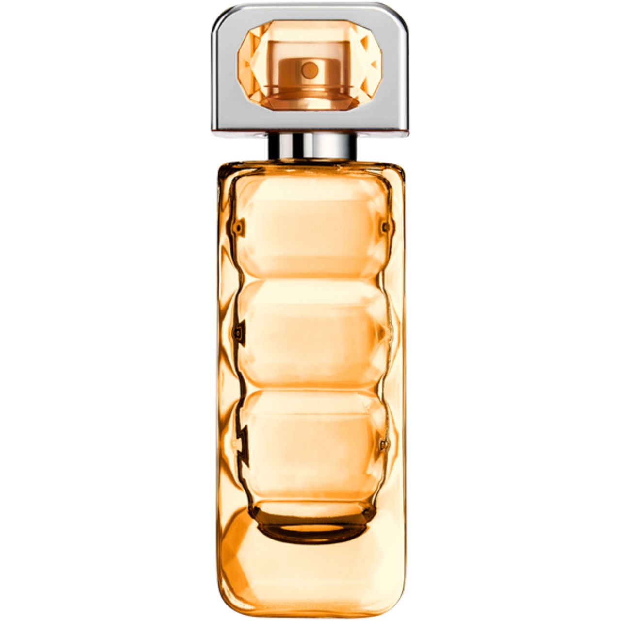 Boss Orange Woman E.d.T. Nat. Spray. Transparenter Flakon mit orangefarbenem Duft. Silberner Verschluss.
