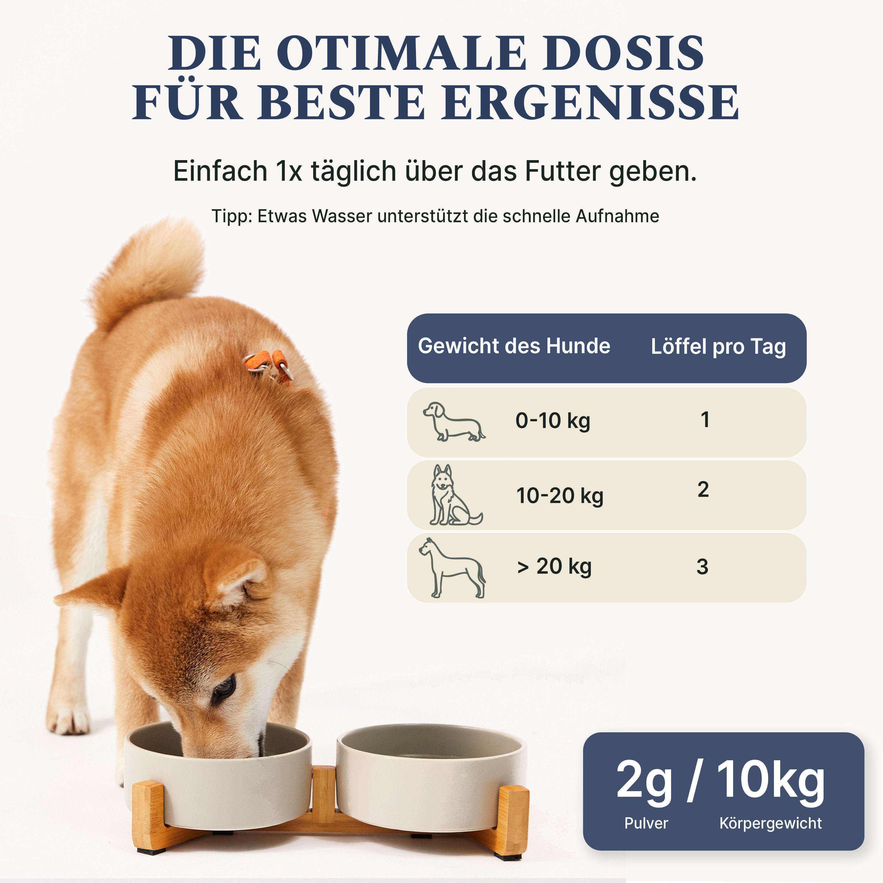 Hund frisst aus Futternapf, daneben Dosierungstabelle für DOG1 Dental Pulver nach Gewicht.