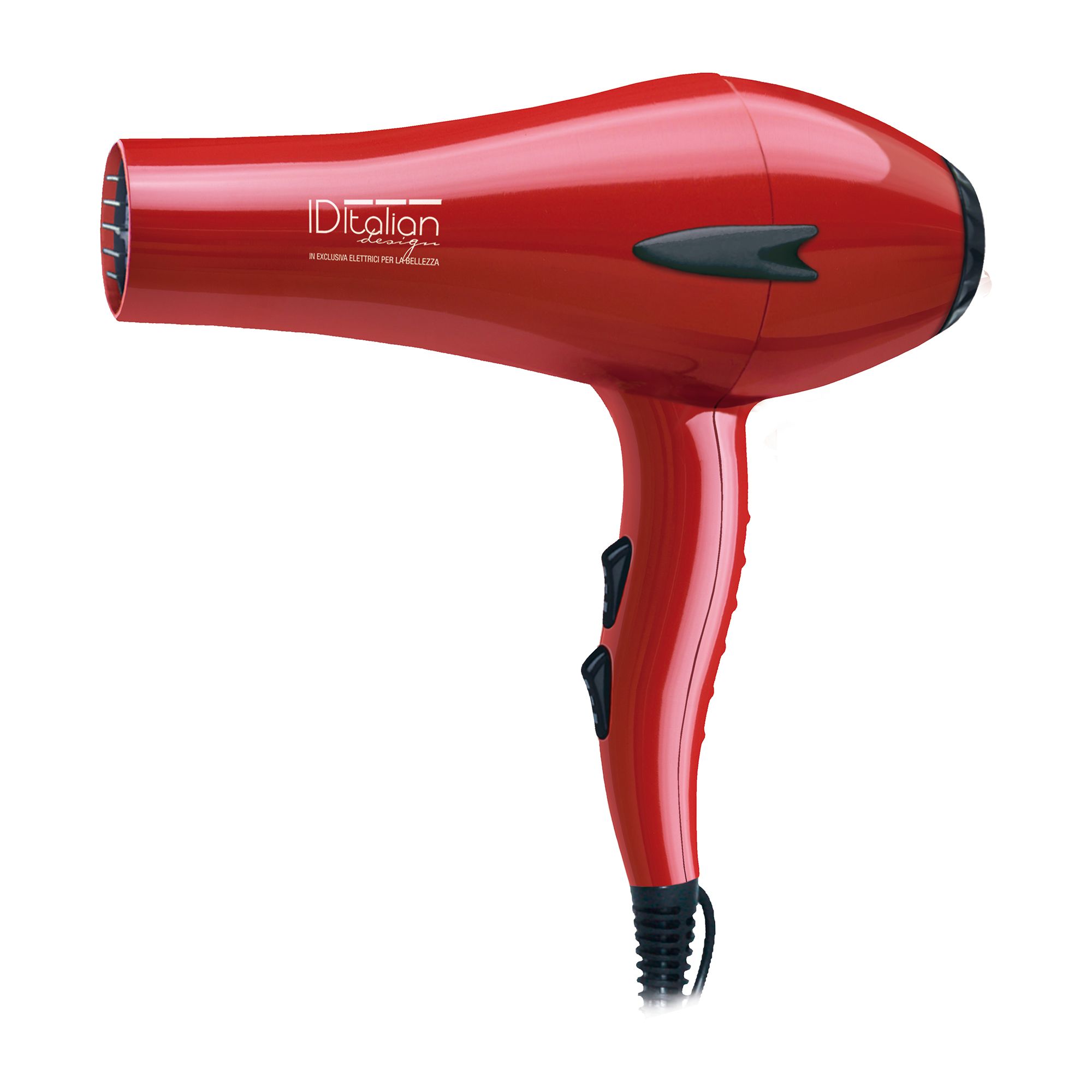 Roter Haartrockner mit schwarzem Griff und Bedienelementen. Markenschriftzug "IDItalian Style" sichtbar.