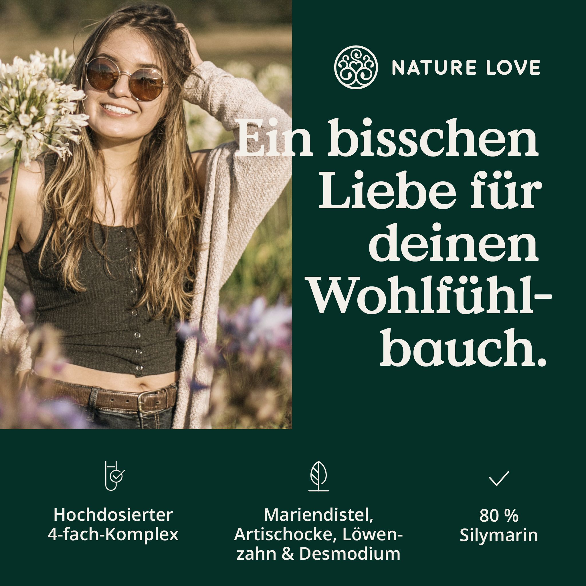 Frau mit Sonnenbrille. Text: Hochdosierter 4-fach-Komplex, Mariendistel, Artischocke, Löwenzahn & Desmodium, 80 % Silymarin.