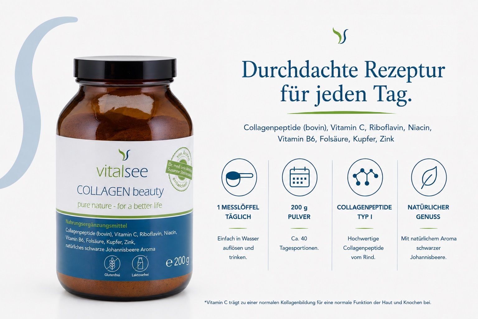 Braunglasflasche mit Vitalsee Collagen Beauty und Informationen zur einfachen Anwendung.