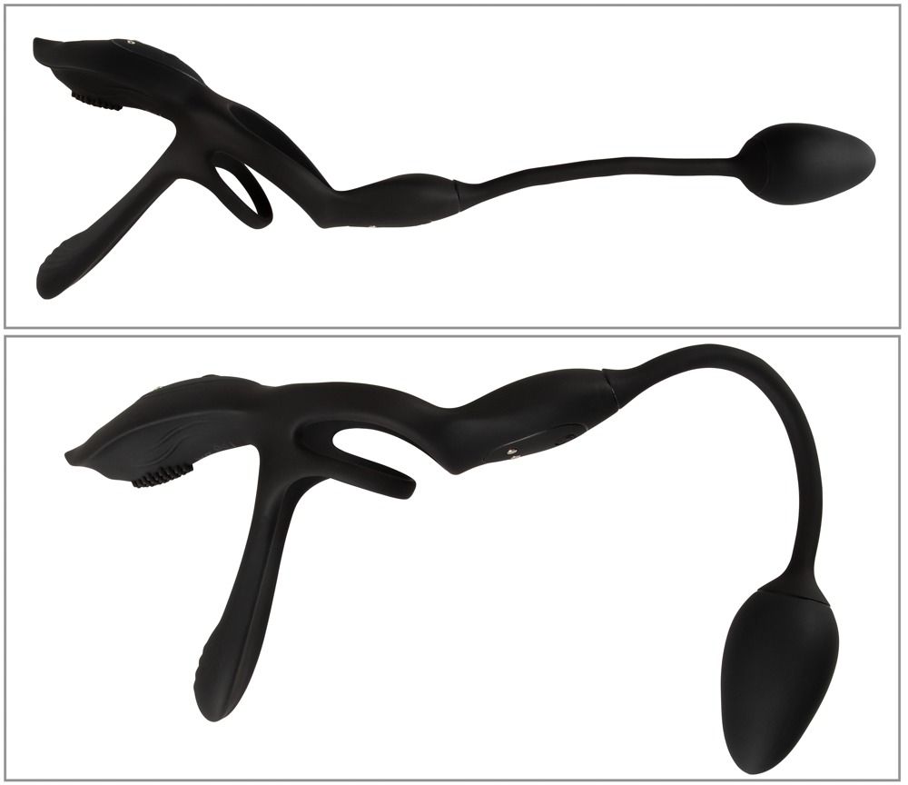 Zwei Ansichten eines schwarzen Wellness-Produkts. Es hat eine Ringform, einen gebogenen Teil und einen ovalen Aufsatz.