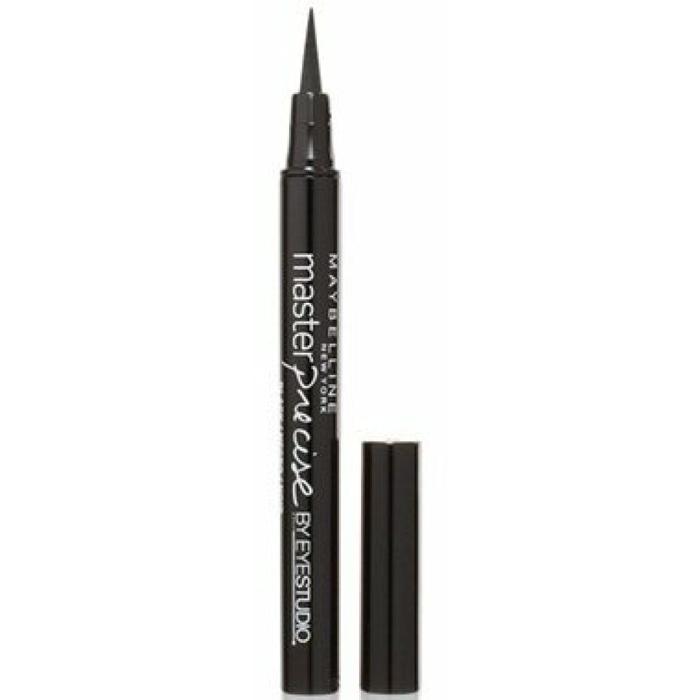 Schwarzer Eyeliner mit feiner Spitze und schwarzer Kappe. Schriftzug: Maybelline New York Eye Studio Masterprecise.