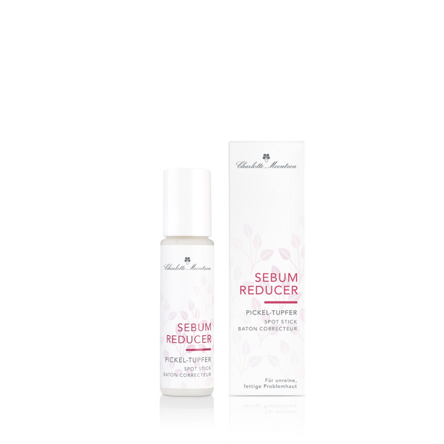 Charlotte Meentzen Sebum Reducer Pickel-Tupfer und Verpackung. Weiße Flasche und Karton. Produktname und Logo deutlich sichtbar.