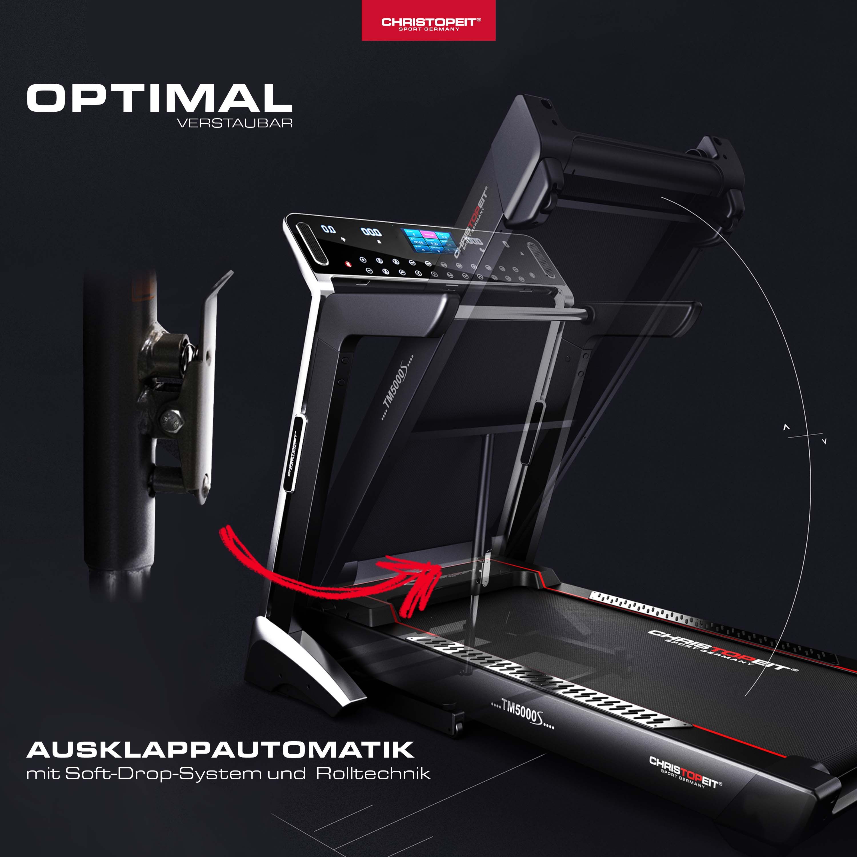 Laufband, schwarz, teilweise zusammengeklappt. Pfeil zeigt auf Klappmechanismus. Text: AUSKLAPP-AUTOMATIK.