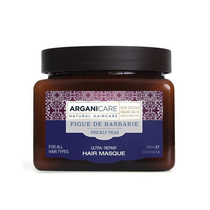 Braune Dose mit schwarzem Deckel. Aufschrift: ARGANICARE, Ultra-Repair Hair Masque, Figuier de Barbarie. Für alle Haartypen.