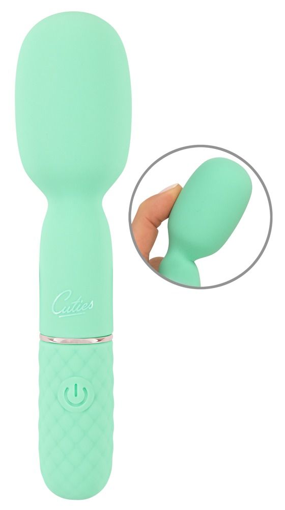 Minivibrator, mintgrün. Mit Massagekopf und strukturiertem Griff. Marke Cuties. Inklusive Detailansicht des Kopfes.