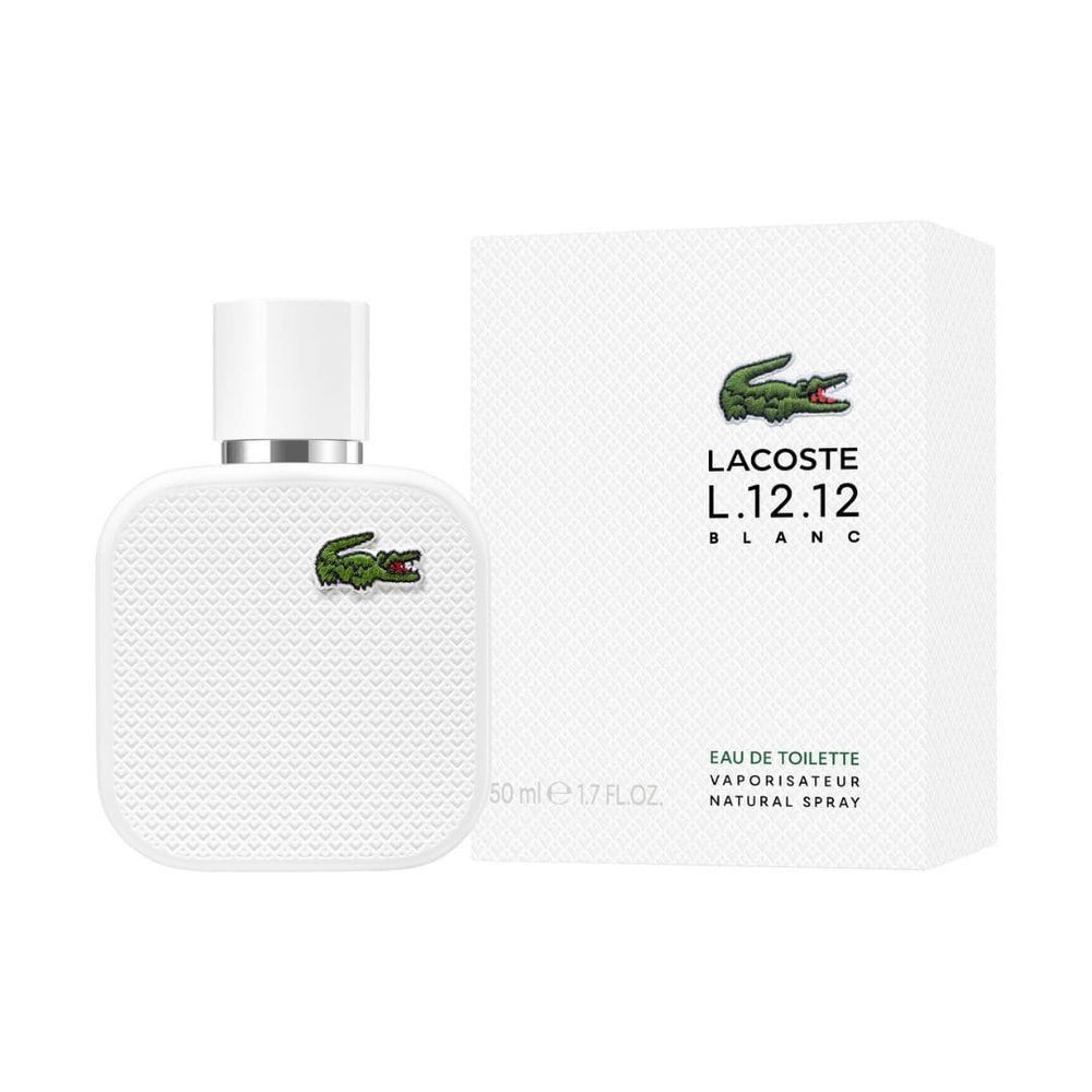Weißes Eau de Toilette-Flakon und Verpackung. Grünes Krokodil-Logo. Aufschrift: L.12.12 Blanc. 50 ml.
