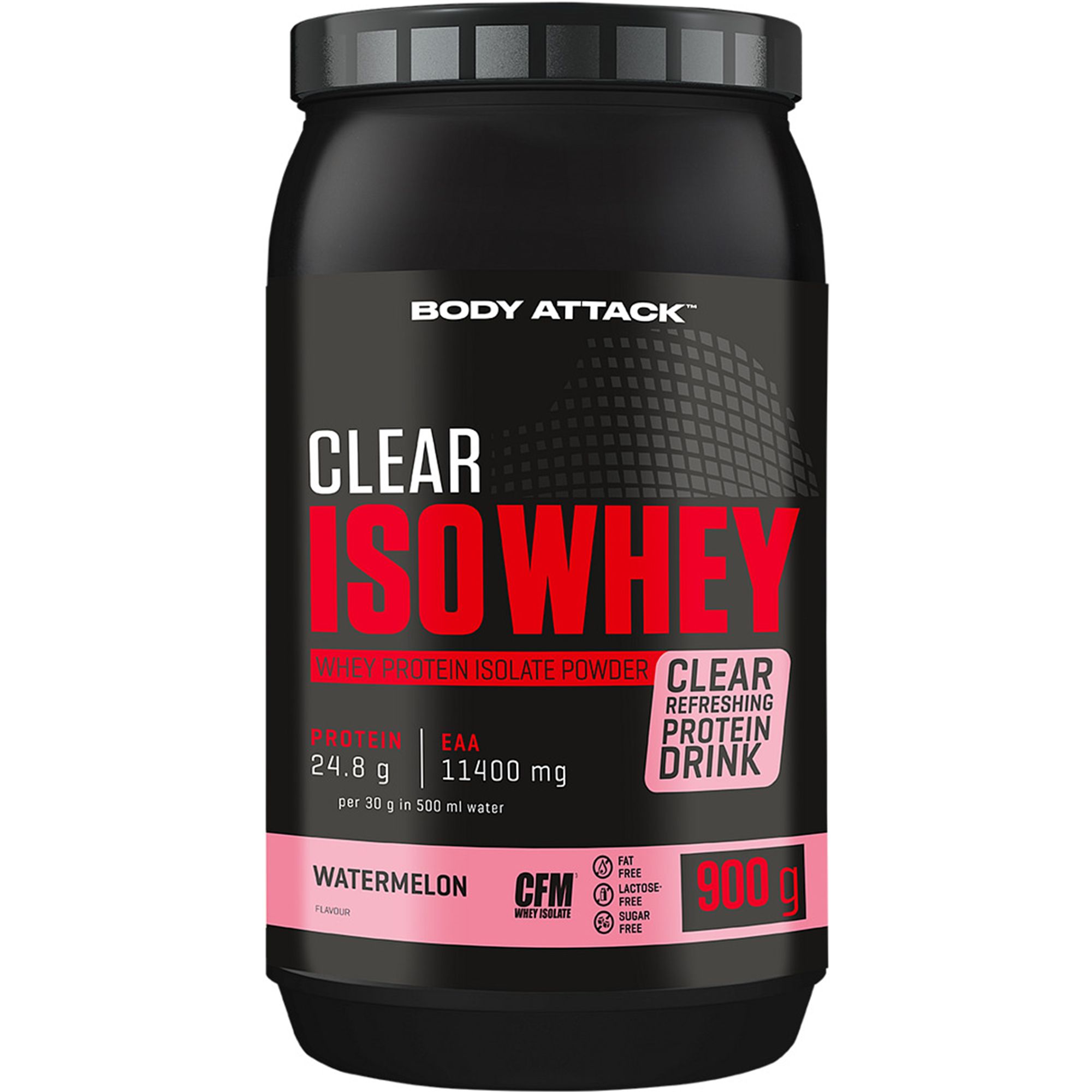 Schwarze Dose mit rotem "CLEAR ISO WHEY"-Schriftzug. Enthält 900 g. "Watermelon"-Geschmack. "CFM"-Qualitätszeichen.