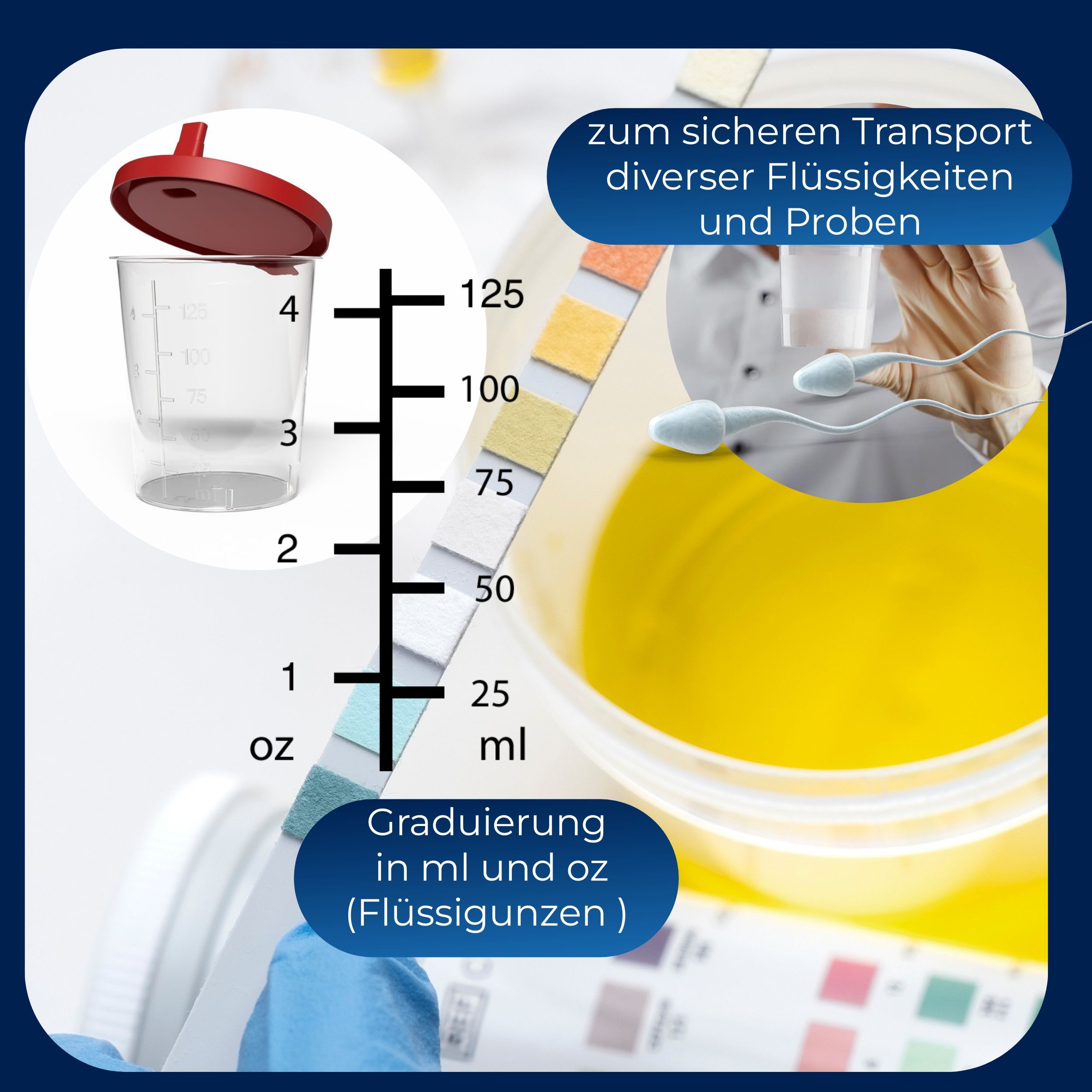 Becher mit rotem Deckel, neben Teststreifen und Flüssigkeit. Beschriftung: 'Graduierung in ml und oz'.