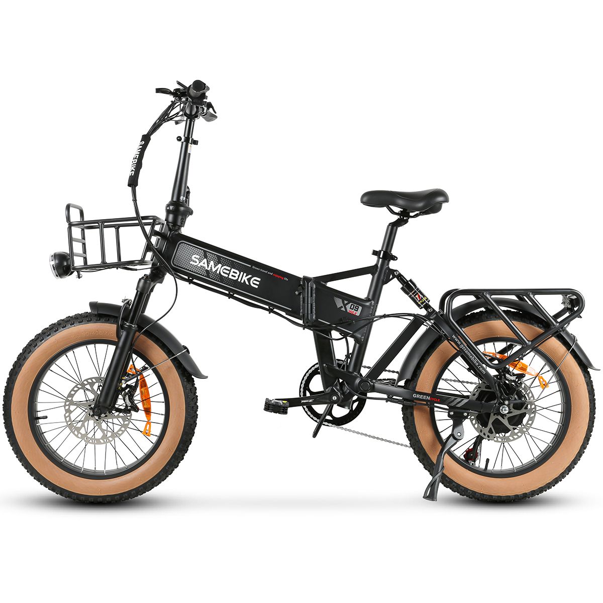 Schwarzes Elektrofahrrad mit braunen Reifen, Gepäckträger und Korb. SAMEBIKE.
