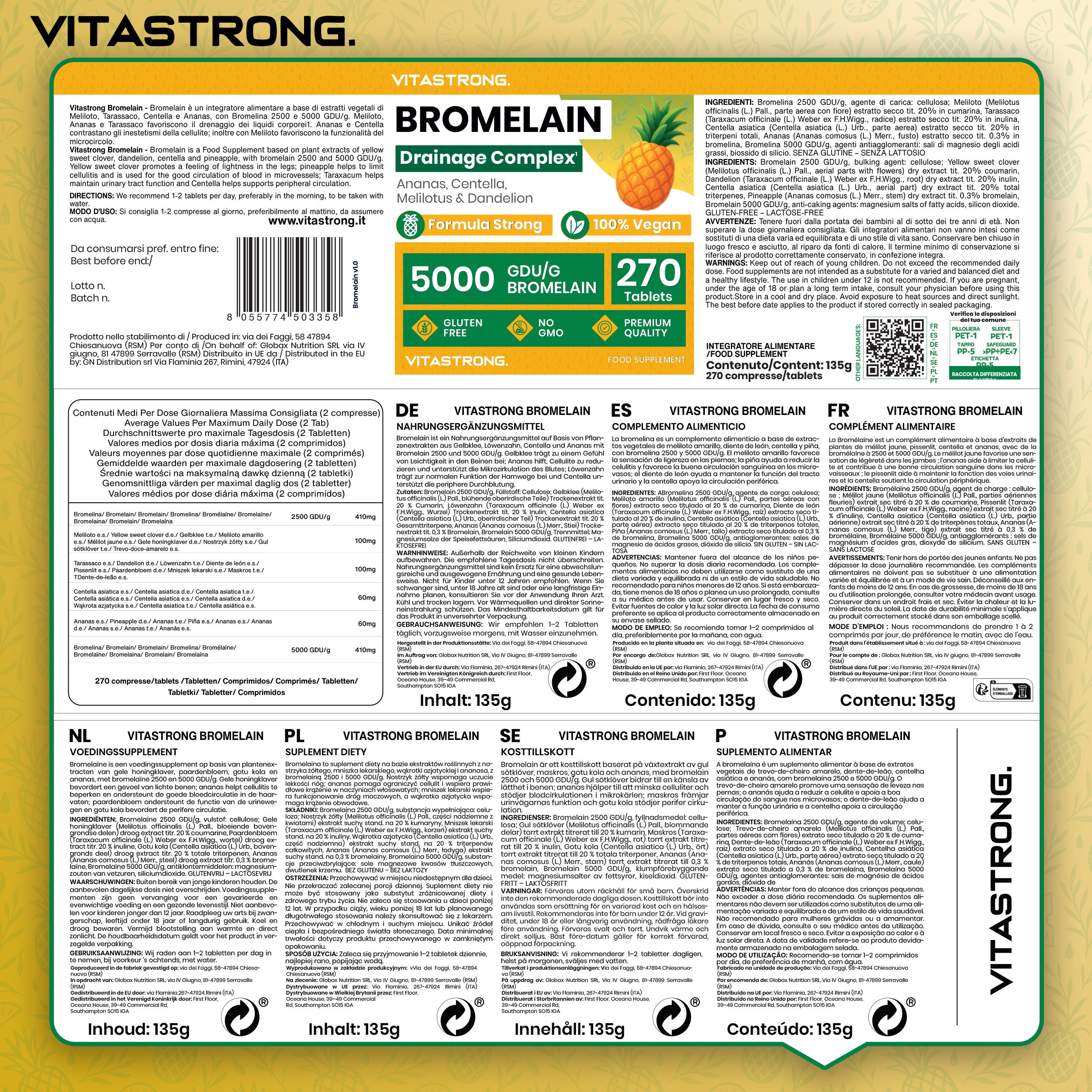 Vitastrong Bromelain Drainage Complex: 270 Tabletten, 5000 GDU/g Bromelain. Glutenfrei, ohne Amino, Premium Qualität.