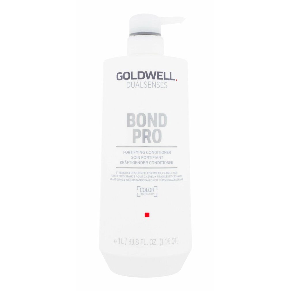 Weiße Goldwell Dualsenses Bond Pro Conditioner Flasche mit Pumpe. Text: BOND PRO, FORTIFYING CONDITIONER, 1L.