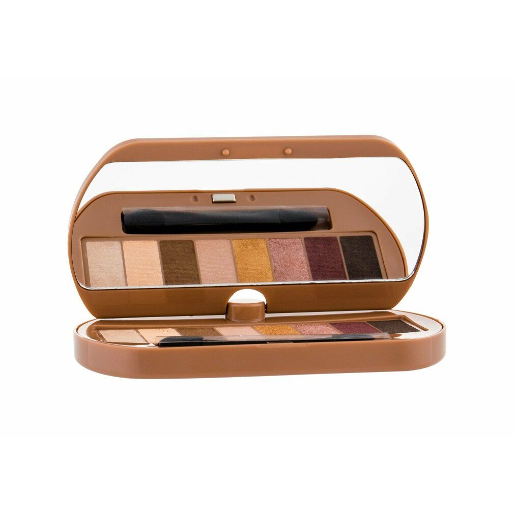 Lidschatten-Palette mit Spiegel und Applikator. Acht Farbtöne in Nude-Tönen. Geöffnet, mit Deckel und Spiegel.