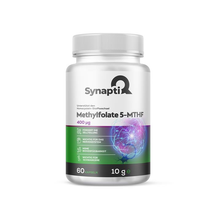 Weißes Fläschchen mit Kapseln. Aufschrift: SynaptiQ Methylfolate 5-MTHF, 400 µg. 60 Kapseln, 10 g.