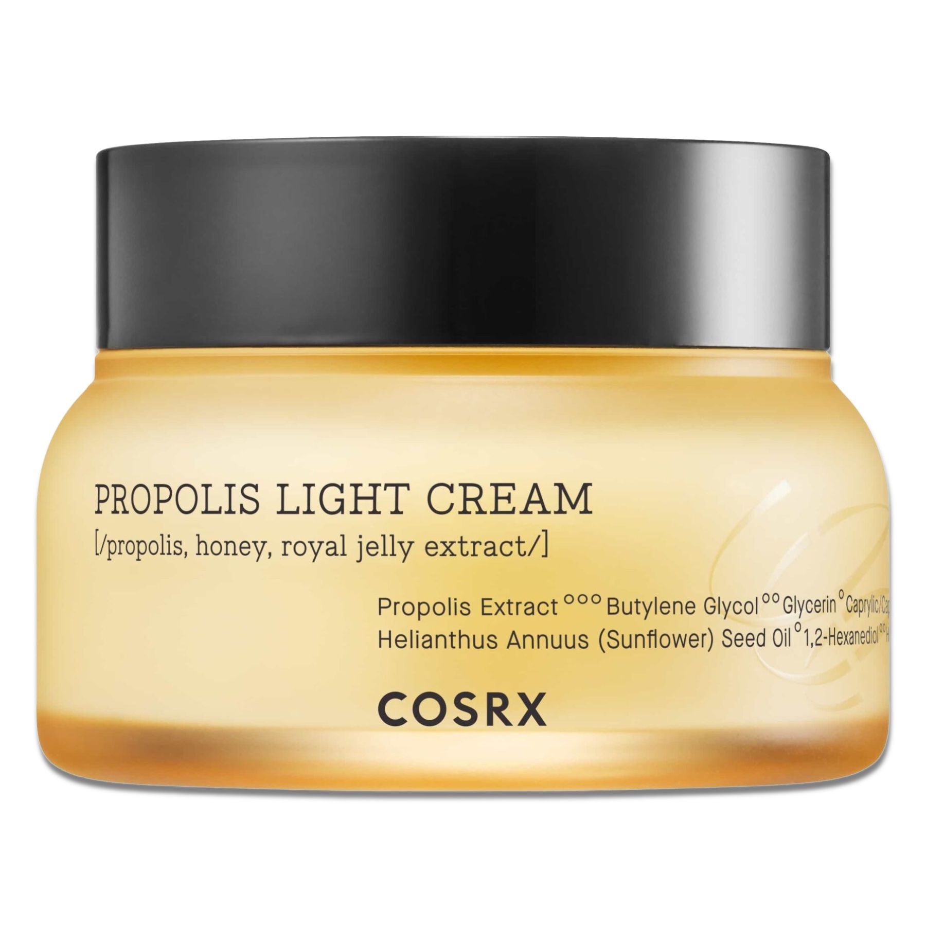 Gelbe Creme in einem Glasbehälter mit schwarzem Deckel. Aufschrift: PROPOLIS LIGHT CREAM. Marke: COSRX.