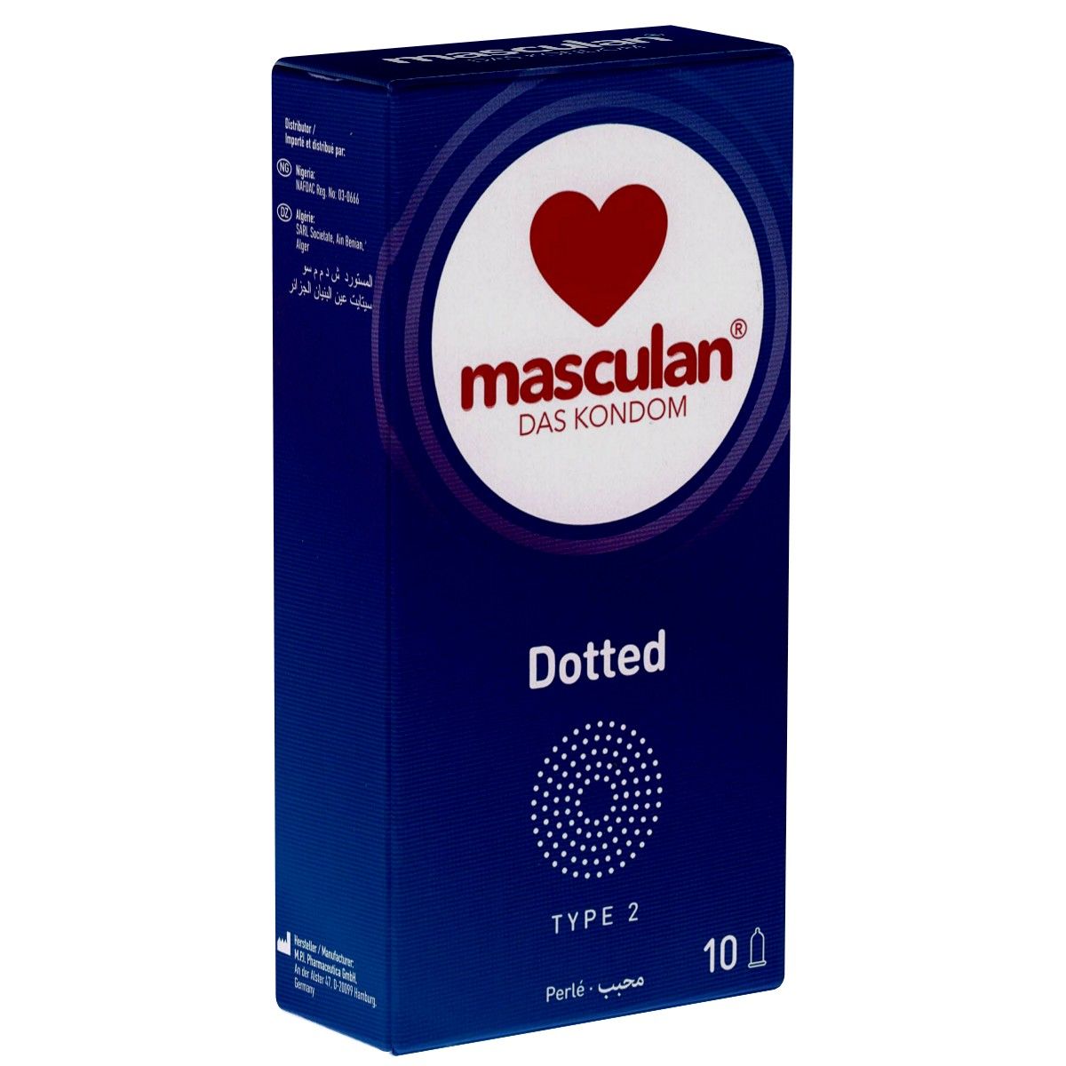 Blaue Verpackung mit rotem Herz und Schriftzug Masculan. Aufschrift "Dotted" und "TYPE 2". Enthält 10 Kondome.