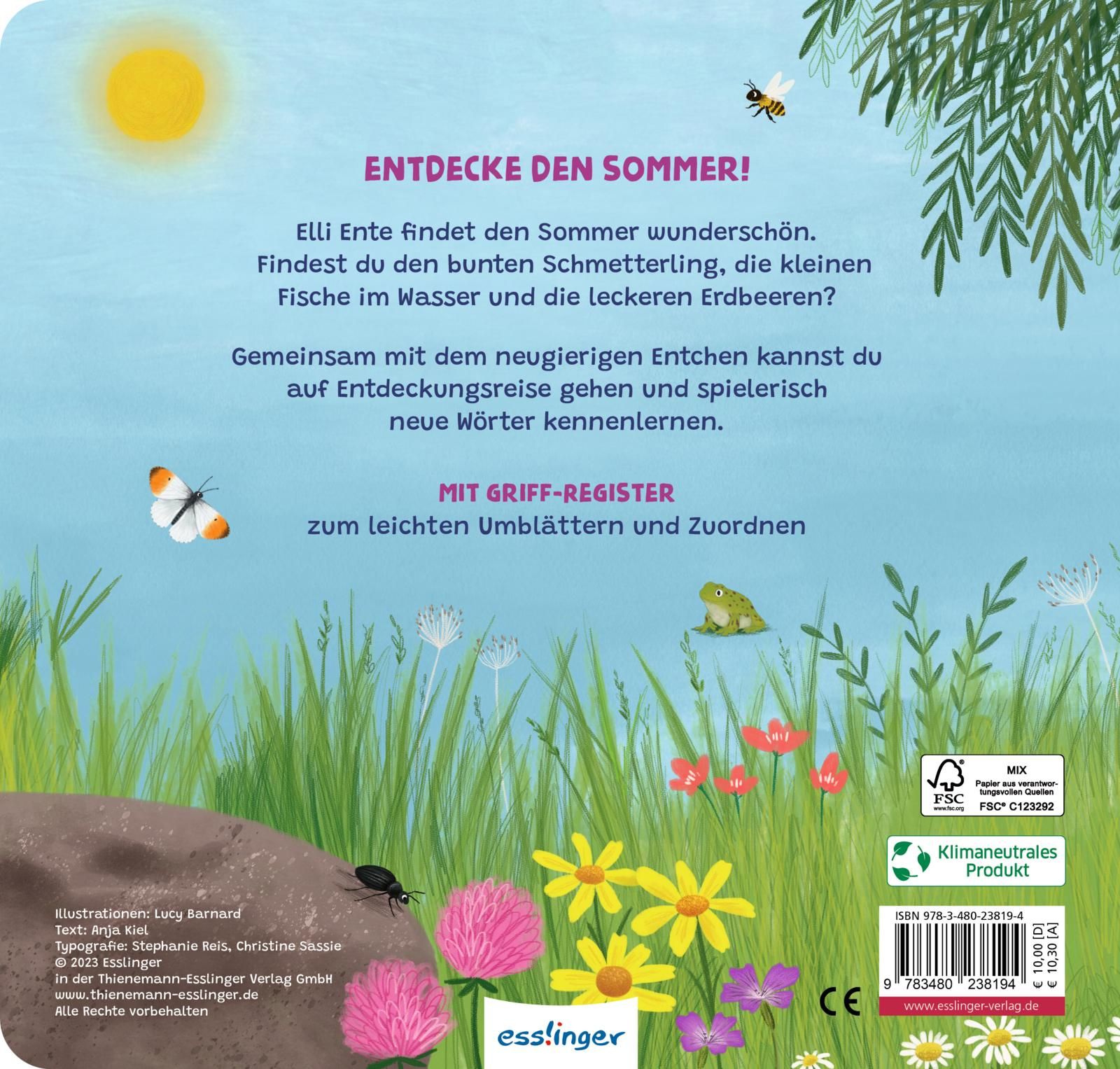 Rückseite des Buches mit Text und Illustrationen. Titel: Entdecke den Sommer! Mit Griff-Register. Esslinger-Logo und FSC-Siegel.