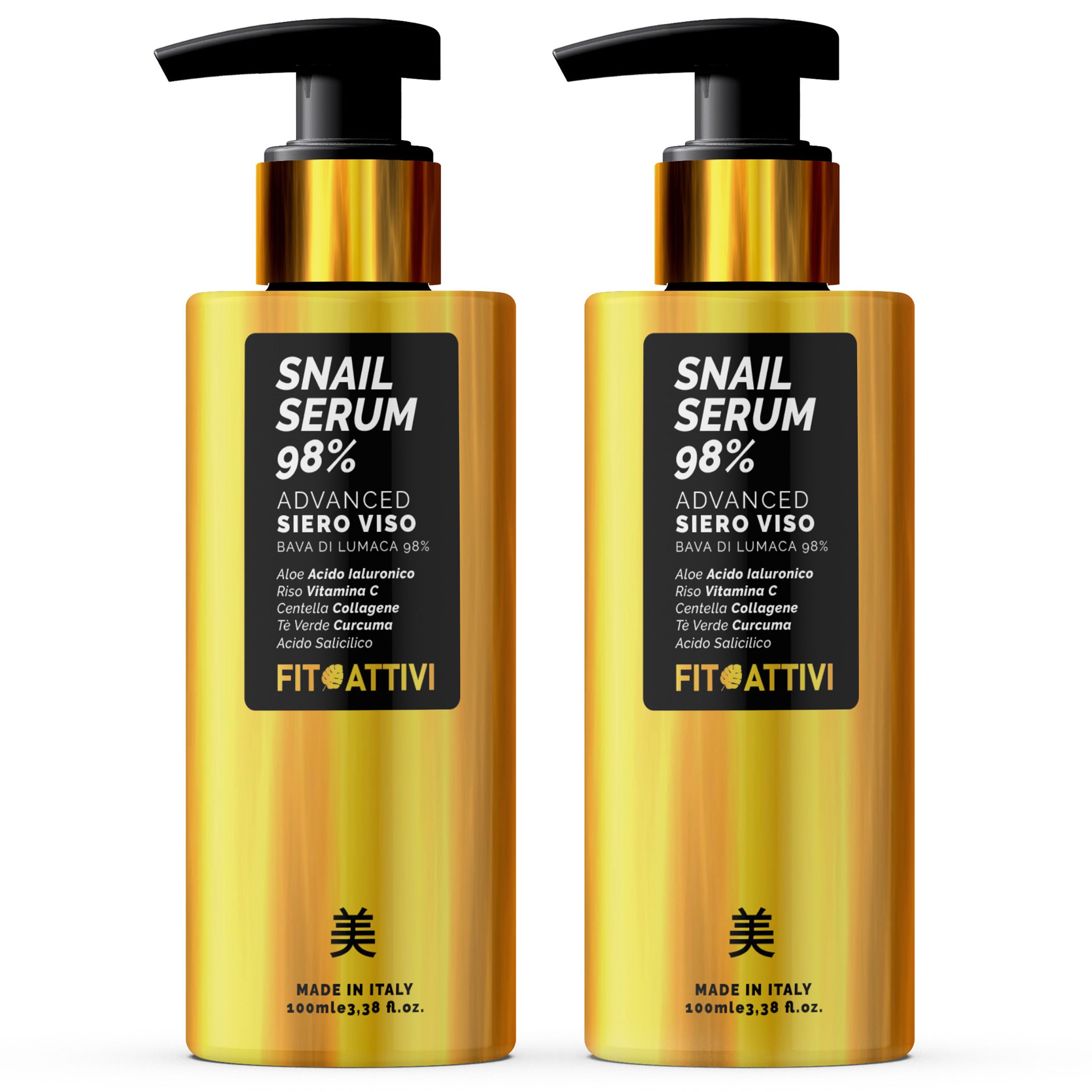 Zwei goldfarbene Flaschen mit schwarzem Pumpkopf. Aufkleber mit Produktinformationen: Snail Serum 98%, Fitoattivi.