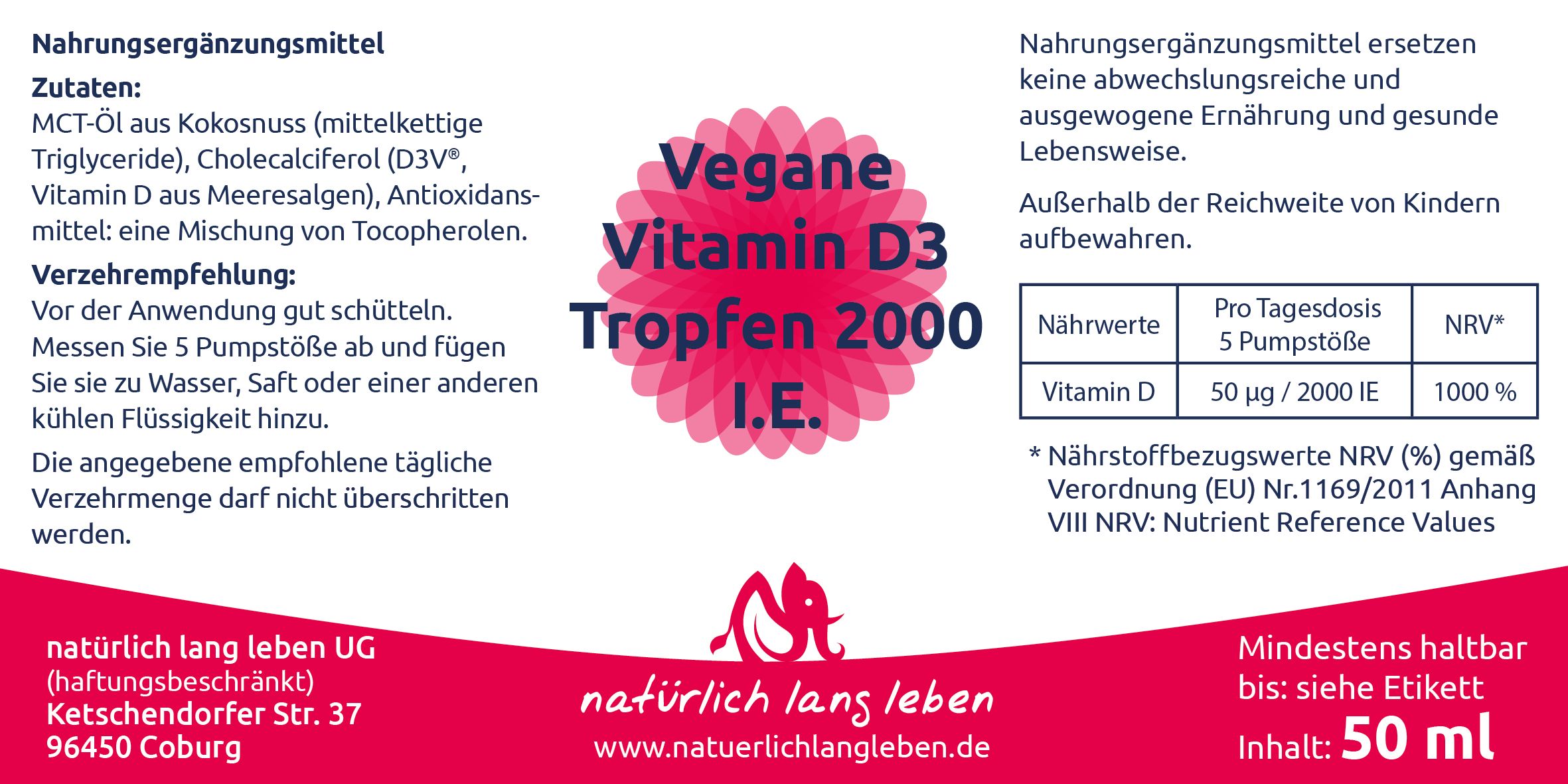 natürlich lang leben Vegane Vitamin D3 flüssig 50 ml Pulver