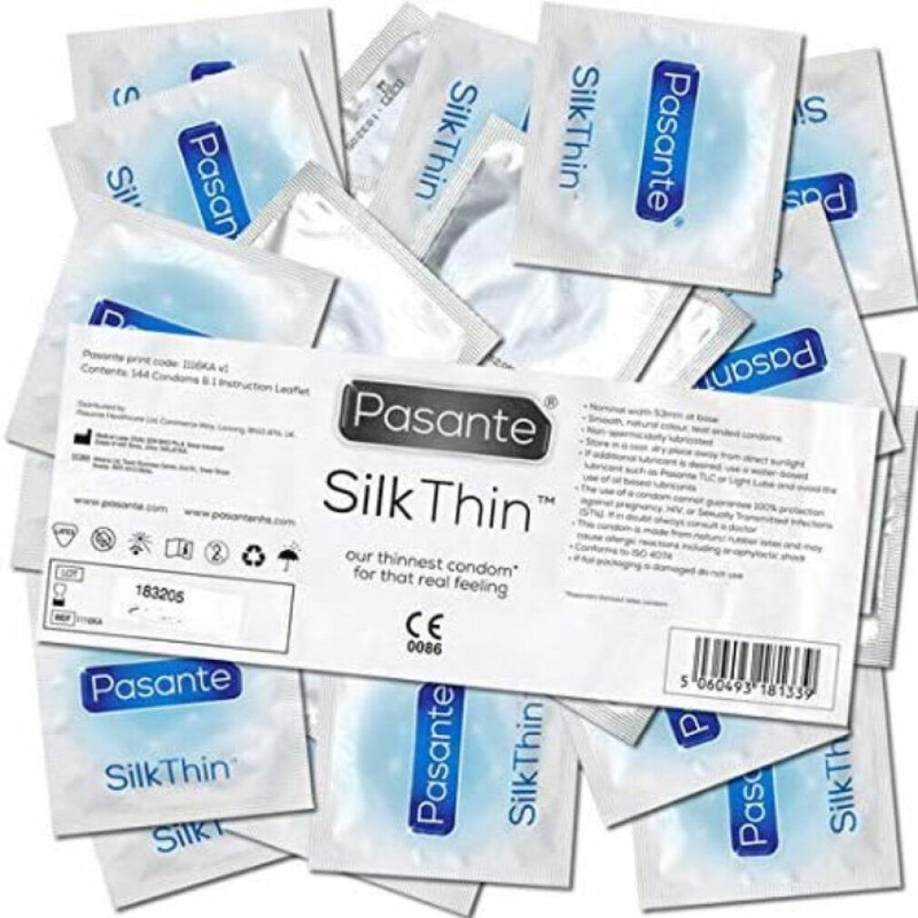 Verpackung von Pasante Silk Thin Kondomen. Enthält 144 Kondome und eine Anleitung. CE-Kennzeichnung.