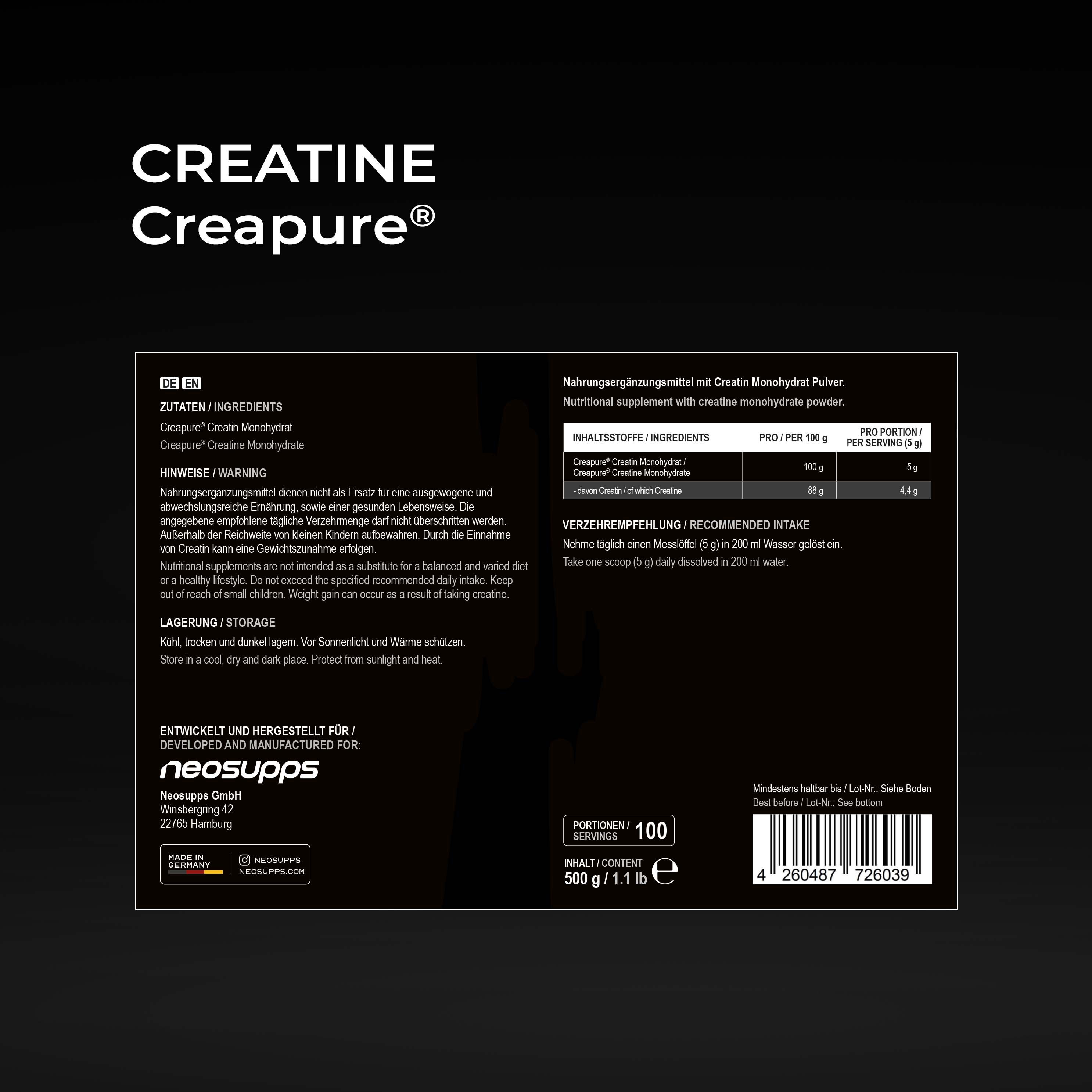 Neosupps Creatine Made of Creapure®, 500g, 100 % reines Kreatin, Made in Germany