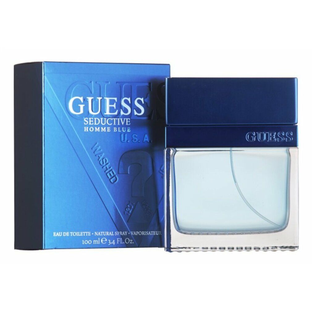 Blaues Parfümflakon und -verpackung. Auf der Verpackung steht "GUESS Seductive Homme Blue". Flakon mit blauem Deckel, hellblauer Flüssigkeit.