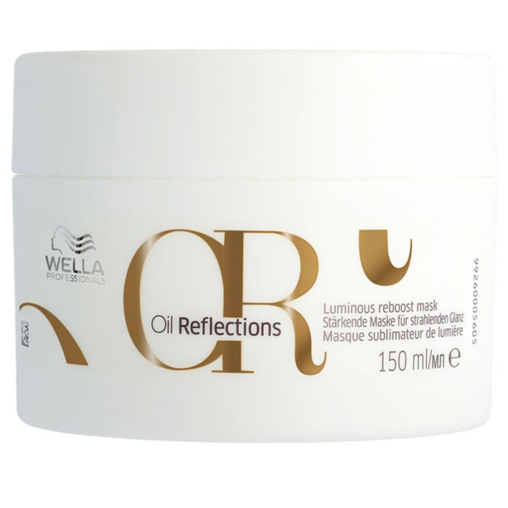 Weiße Dose mit goldfarbenem Schriftzug "CR Oil Reflections". Text: "Luminous reboost mask", "150 ml". Marke: Wella.