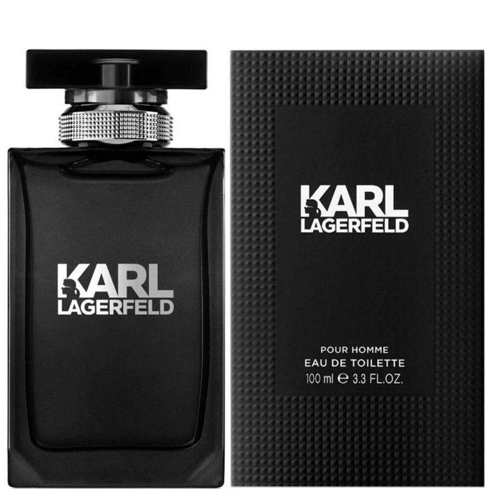 Schwarzer Flakon mit silbernem Verschluss und schwarzer Verpackung. Aufschrift: KARL LAGERFELD.