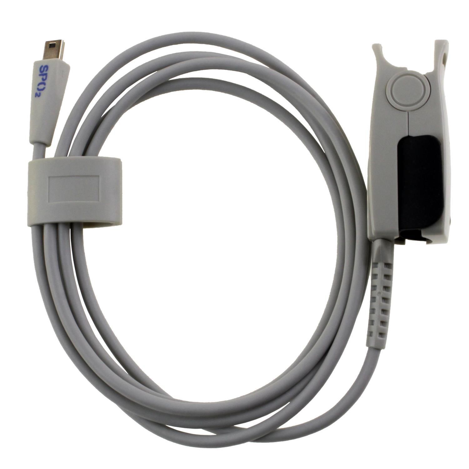 Grauer externer Sensor mit Kabel für Pulsoximeter. Der Sensor hat eine Klammer für den Finger.