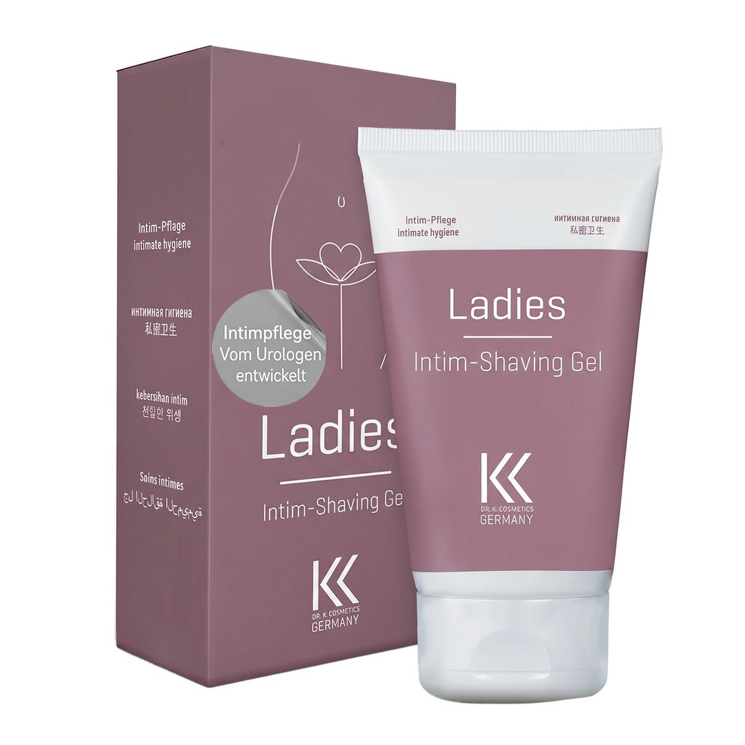 Produktverpackung mit Tube und Karton. Tube: "Ladies Intim-Shaving Gel", Logo "KK". Karton: Text in mehreren Sprachen.