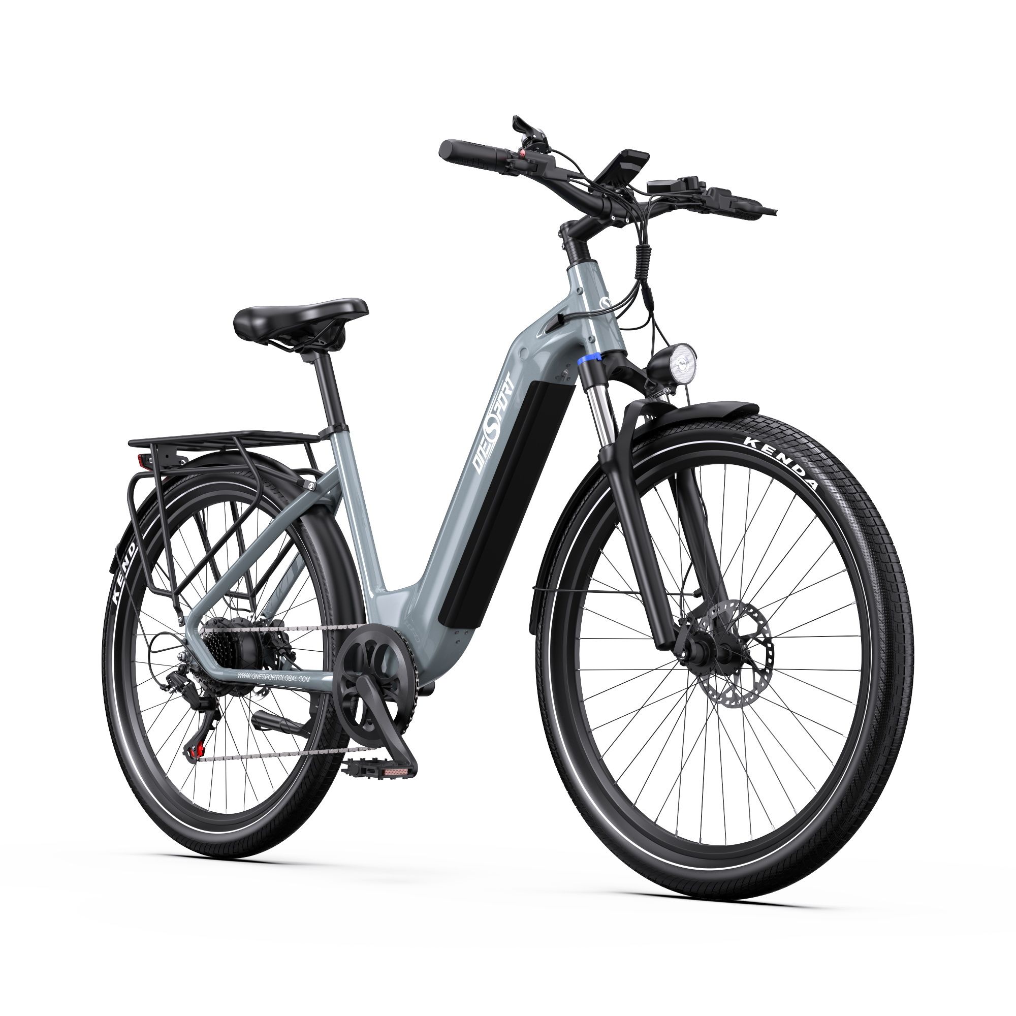 Graues E-Bike mit Gepäckträger, schwarzem Sattel und Reifen. Marke ONESPORT sichtbar.