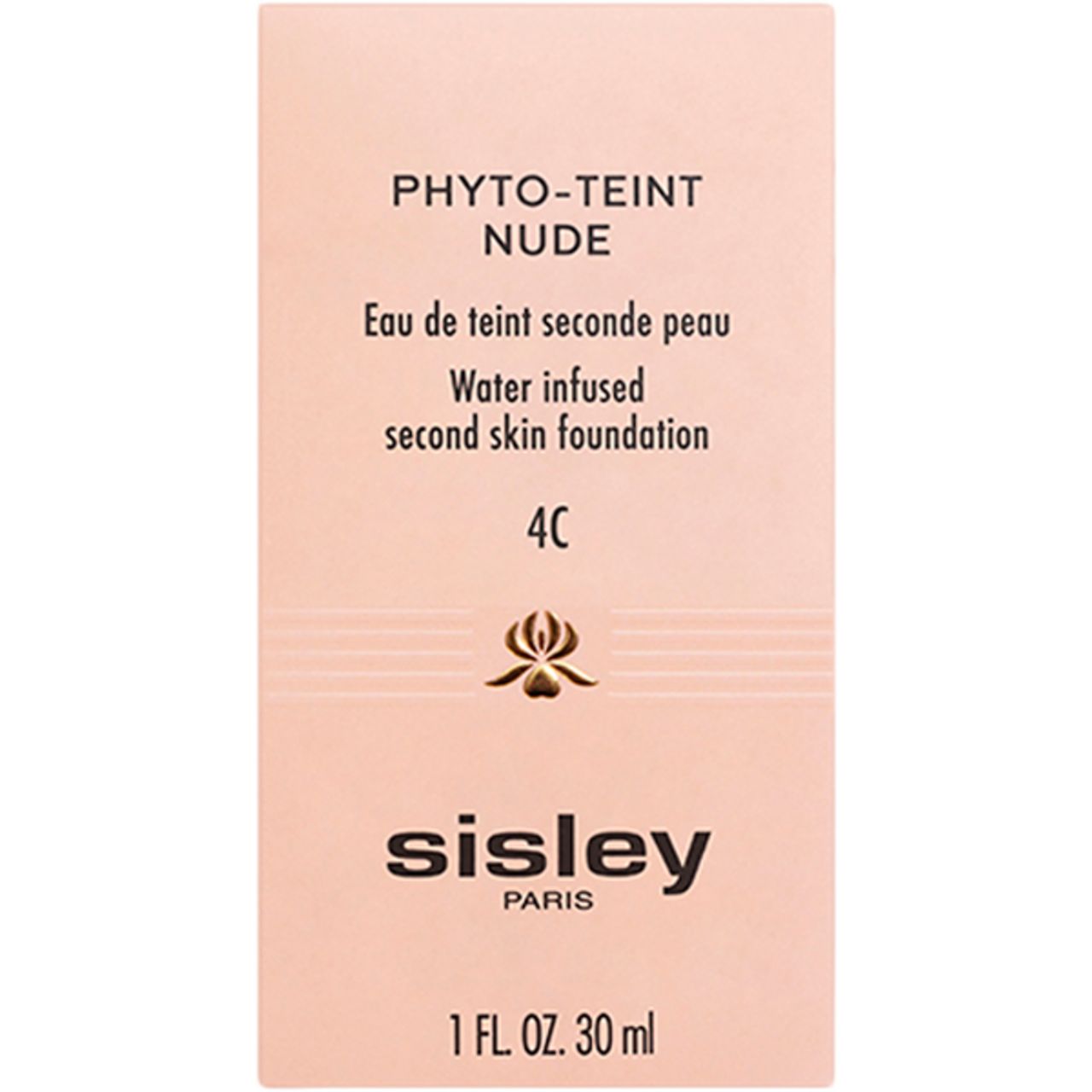 Verpackung von Sisley Phyto-Teint Nude. Text: Phyto-Teint Nude, Eau de teint seconde peau, Water infused second skin foundation, 4C, Sisley Paris, 1 FL. OZ. 30 ml.