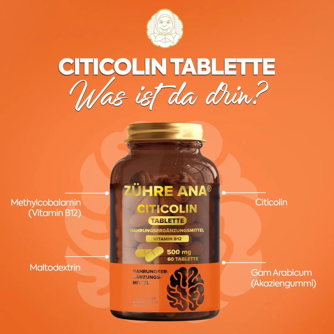 Braune Glasflasche mit goldfarbenem Deckel. Aufschrift: Zühre Ana Citicolin Tablette, 500 mg, 60 Tabletten. Inhaltsstoffe: Citicolin, Vitamin B12.