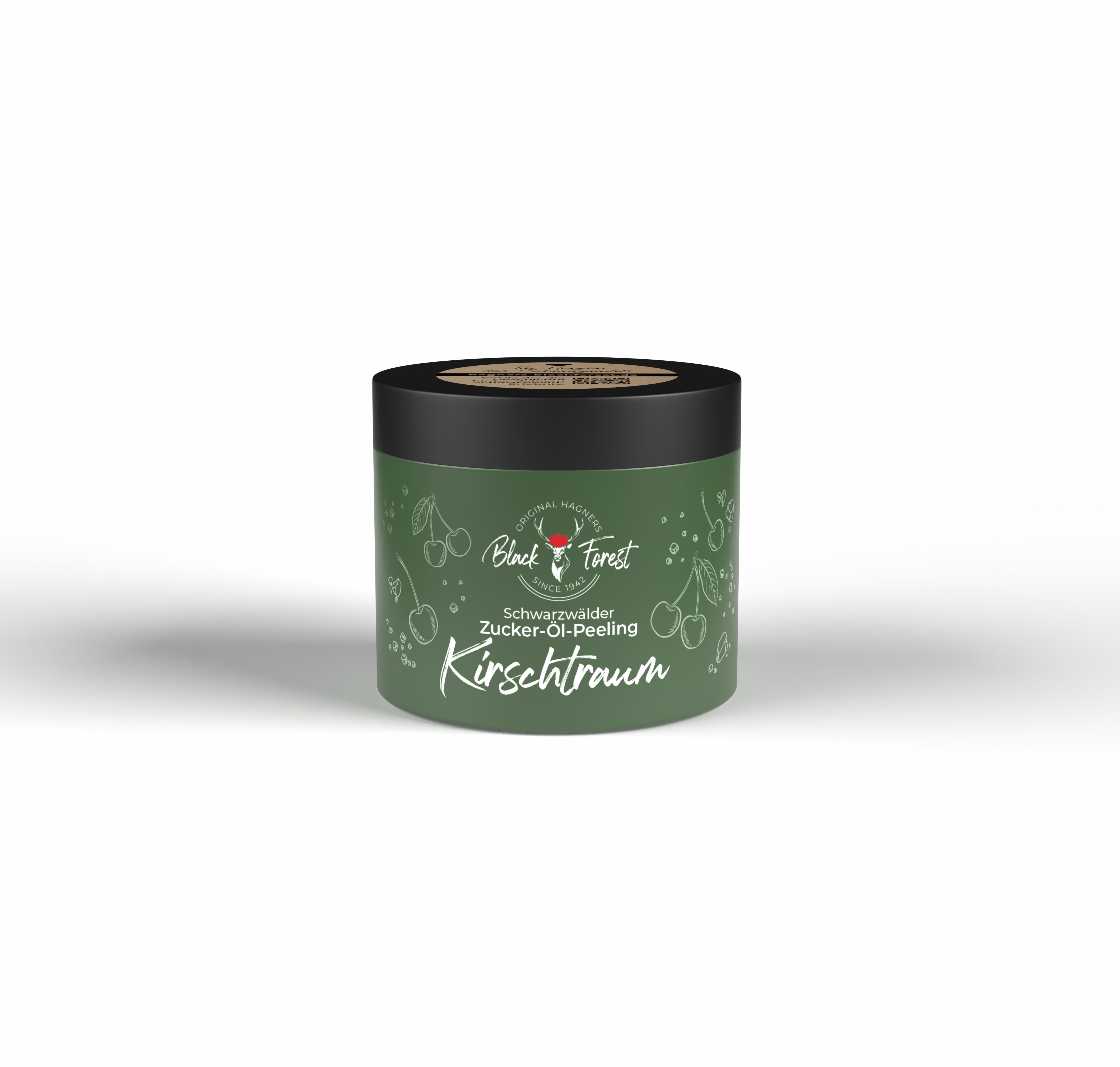 Runde Dose mit grünem Etikett, schwarzem Deckel. Aufschrift: Black Forest, Kirschtraum, Zucker-Öl-Peeling. Kirsch-Illustrationen.