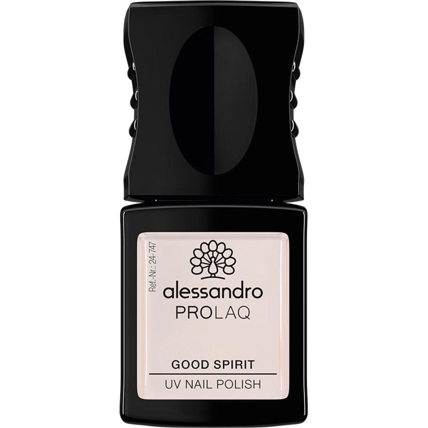 Flasche Alessandro PROLAQ UV Nail Polish. Schwarzer Deckel. Etikett mit Produktname und Logo.