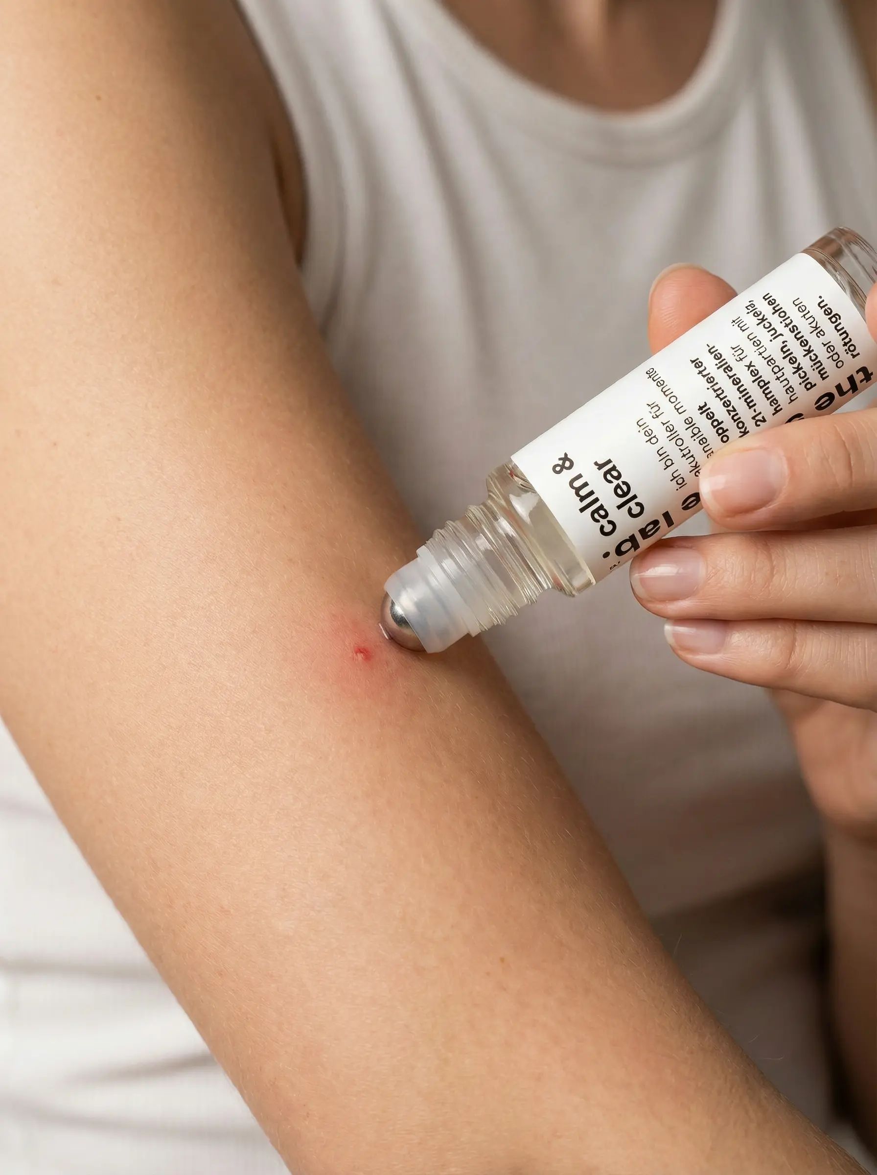 Klarflasche mit Roll-on-Applikator. Auf Arm aufgetragen. Beschriftung: the source lab. calm & clear.