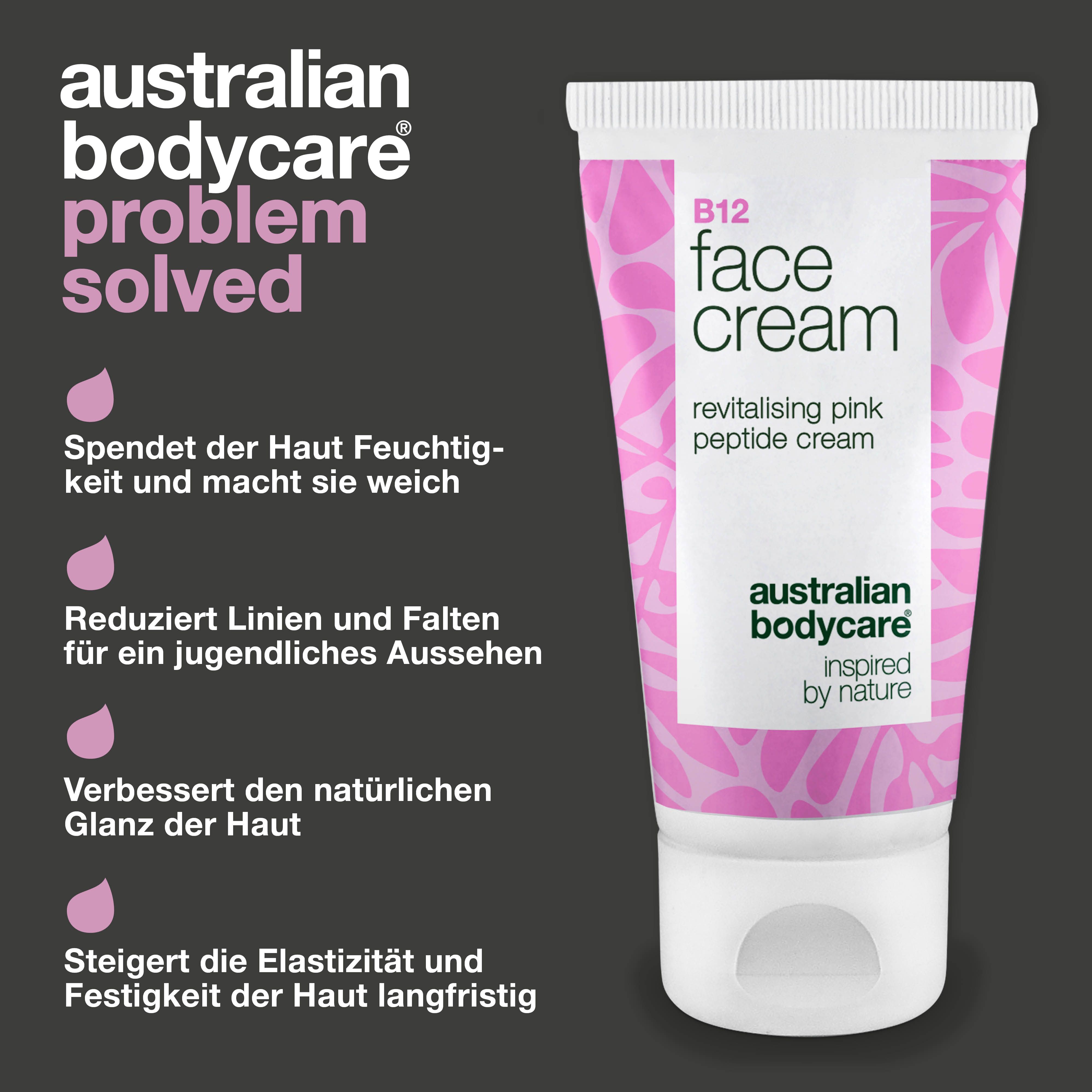 Tube Creme Visage B12. Text: Face Cream, Australian Bodycare. Rosa Tropfen. Text: Problem gelöst.