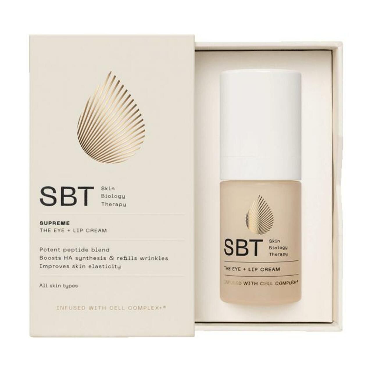 Produktverpackung mit Cremebehälter. Aufschrift: SBT, THE EYE + LIP CREAM. Text: "SUPREME", "INFUSED WITH CELL COMPLEX".