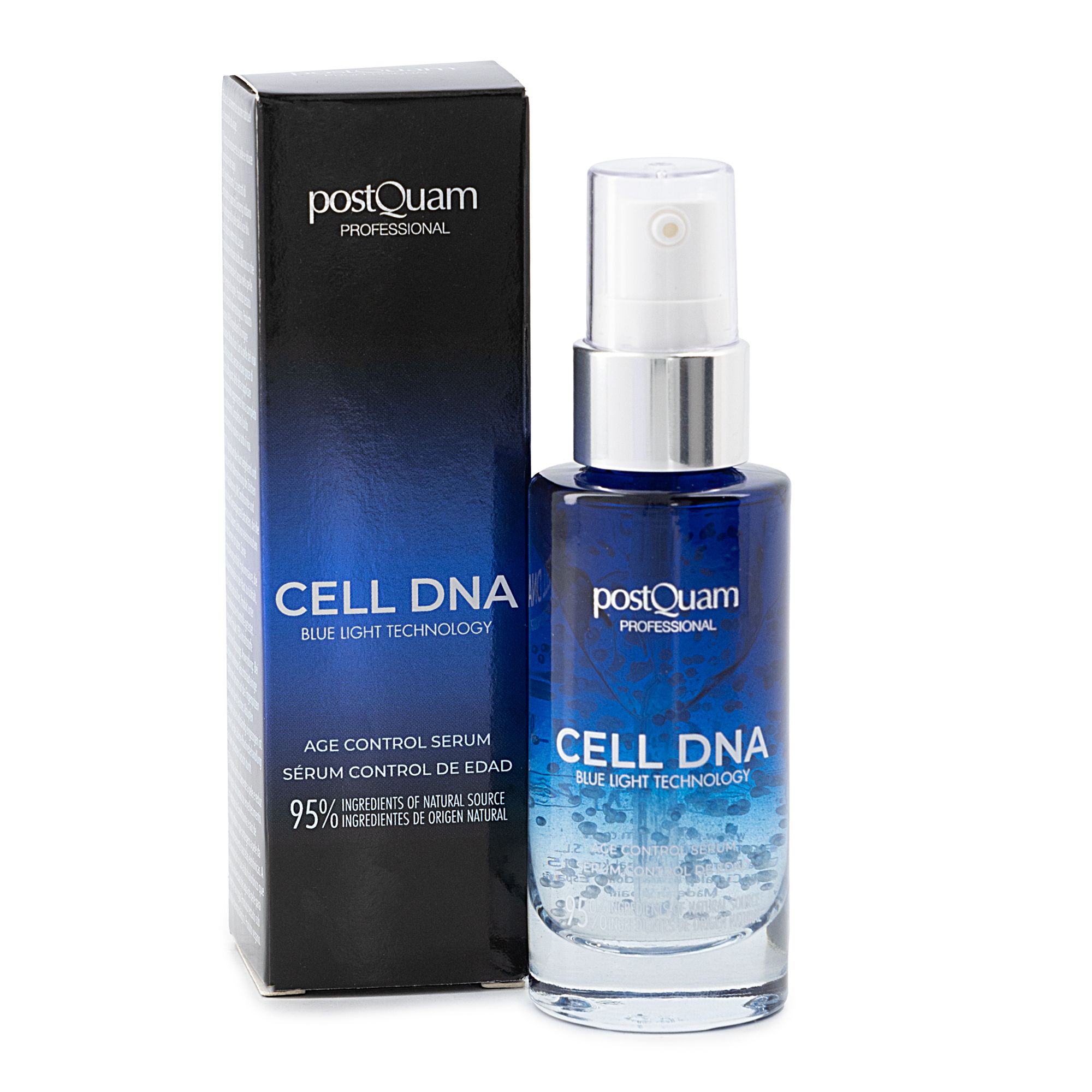 Blaues Serum mit Sprühkopf und Verpackung. Aufschrift CELL DNA, Postquam Professional. Verpackung mit blauer Farbverlauf.