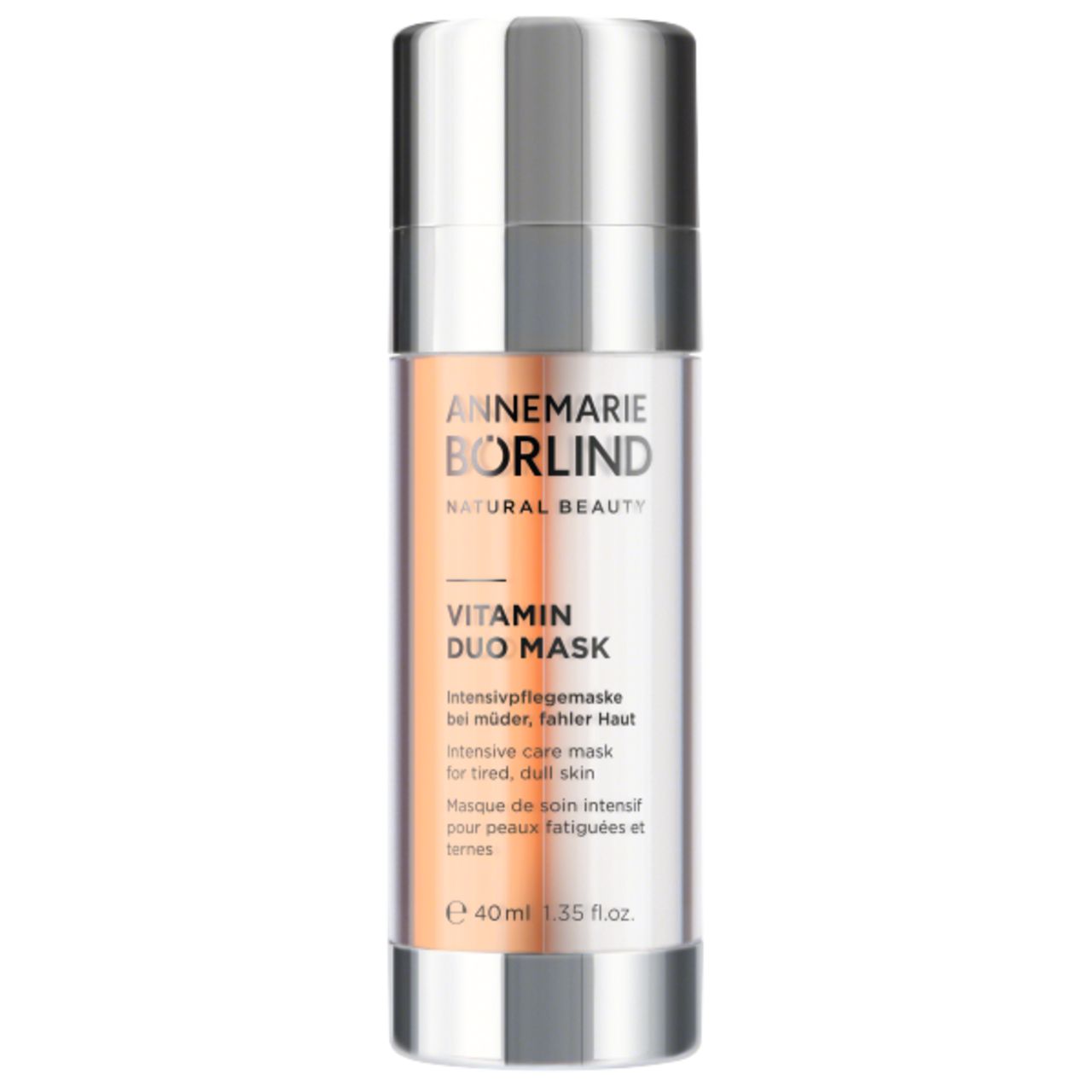 ANNEMARIE BÖRLIND Vitamin Duo Mask. Flasche mit silbernem Deckel. Text und Produktbezeichnung. 40ml.