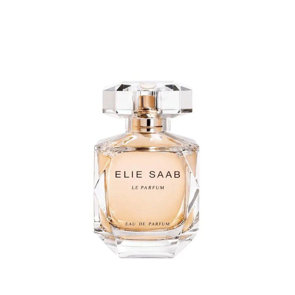 Elie Saab Le Parfum Flakon. Eckiger Glasflakon mit goldfarbenem Verschluss. Aufschrift: ELIE SAAB, LE PARFUM.